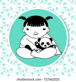 Cute asian baby with a panda on a textured background. Vector illustration.