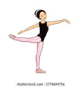 Cute Asian ballerina performs ballet figures, dance pose. Vector illustration isolated on a white background. Character, symbol, design element.