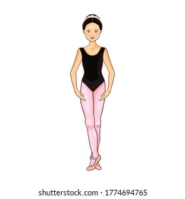 Cute Asian ballerina performs ballet figures, dance pose. Vector illustration isolated on a white background. Character, symbol, design element.