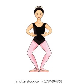 Cute Asian ballerina performs ballet figures, dance pose. Vector illustration isolated on a white background. Character, symbol, design element.