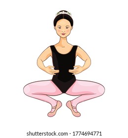 Cute Asian ballerina performs ballet figures, dance pose. Vector illustration isolated on a white background. Character, symbol, design element.