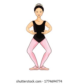 Cute Asian ballerina performs ballet figures, dance pose. Vector illustration isolated on a white background. Character, symbol, design element.