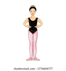 Cute Asian ballerina performs ballet figures, dance pose. Vector illustration isolated on a white background. Character, symbol, design element.