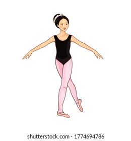 Una bailarina asiática muy simpática interpreta figuras de ballet, pose de baile. Ilustración vectorial aislada en un fondo blanco. Carácter, símbolo, elemento de diseño.