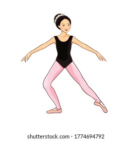 Cute Asian ballerina performs ballet figures, dance pose. Vector illustration isolated on a white background. Character, symbol, design element.