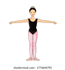 Cute Asian ballerina performs ballet figures, dance pose. Vector illustration isolated on a white background. Character, symbol, design element.