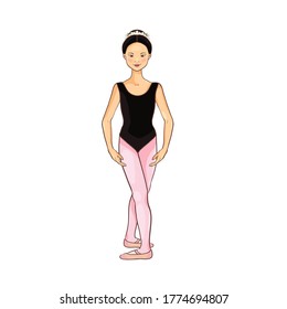 Cute Asian ballerina performs ballet figures, dance pose. Vector illustration isolated on a white background. Character, symbol, design element.