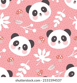 cute asian bear, baby panda on a pink dashed scandinavian background with leaves, kids cute woodland animals seamless pattern for fabric and textile print, colorful forest wrapping paper design