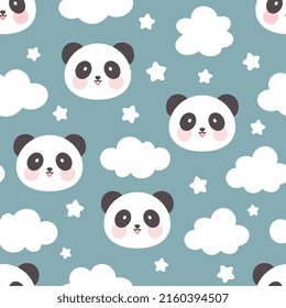 Cute asian bear happy face  with clouds and stars in the sky, blue kids seamless pattern background, funny panda animal, childish good night sky wrapping paper design, fabric and textile baby print 