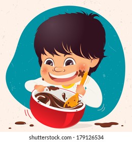 Cute Asian Boy Baking Chocolate Cake
