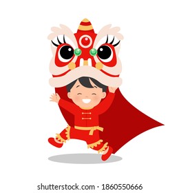 Niño asiático bailando león para el festival de Año Nuevo Lunar. Arte clip de la tradición china. Vector plano aislado en blanco