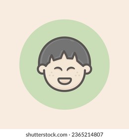 Cute Asian Boy face avatar with dark straight hair, freckles, smiling open mouth, delighted mood and circular green background filled iconic vector line art
