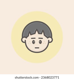 Cute asian boy face avatar with dark straight hair, freckles, serious mouth, disappointed mood and circular yellow background filled iconic vector line art.