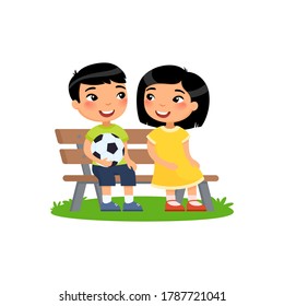 Cute asian boys with soccer ball and little asian girl sit on bench. Summer holidays, recreation, sports, hobbies and friendship. Vector flat illustration. Children cartoon characters isolated 