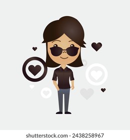 Cute Asian cartoon girl with heart symbol on isolated background
