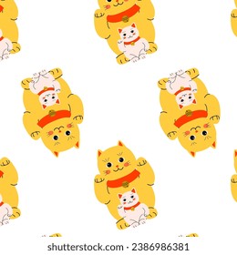 cute asian cat yellow maneki - seamless pattern