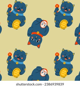 cute asian cats pattern on green background