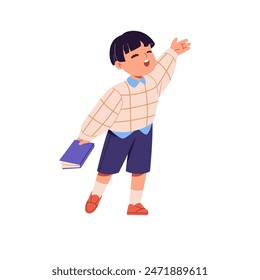 Cute asian child sings prayer, holds song book. Happy kid shows in church choir. Little boy singer performs carols with hand up, closed eyes. Flat isolated vector illustration on white background