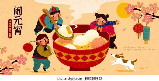 Cute Asian Children Enjoying A Large Bowl Of Sweet Glutinous Rice Balls. Translation: Chinese Lantern Festival, Enjoying The Lantern And Moon Scene With Family