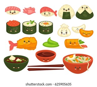 Cute asian dishes with faces set on white vector poster