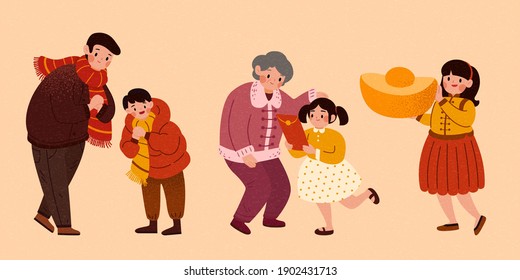 Cute Asian enjoying annual family reunion. People characters for Chinese new year, illustration element isolated on beige background.