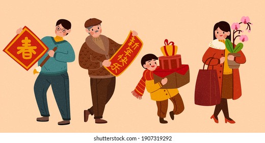 Cute Asian family doing shopping for CNY holiday preparation. People characters  isolated on beige background. Translation: Spring, Happy Chinese new year.