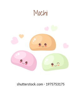 Cute asian food characters isolated on white. Japanese sweets Mochi vector illustration. Happy smiling kawaii food emoji. Menu, print, cartoon card design elements. Traditional dessert in Japan.