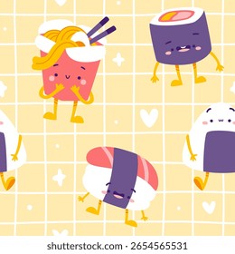 Lindo patrón de comida asiática. Impresión de Vector sin fisuras con personajes de comida asiática doodle.