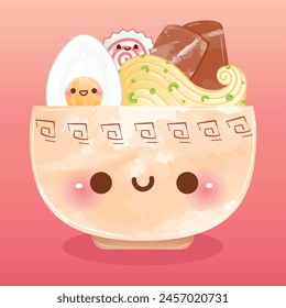 Cute asian food ramen bowl with egg noodles naruto meat and vegetables