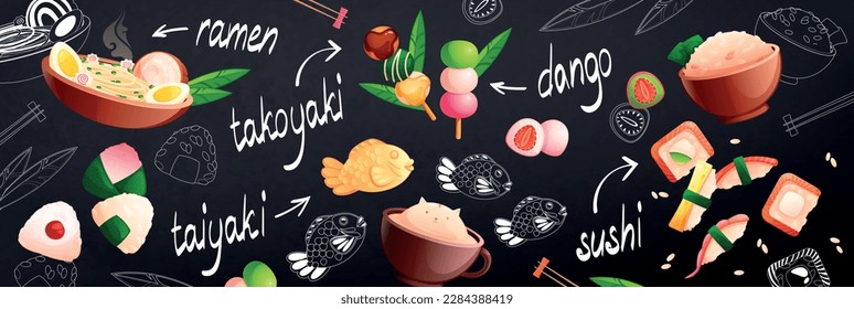 Cute asian food seamless pattern with ramen sushi dango taiyaki takoyaki on chalk board background vector illustration