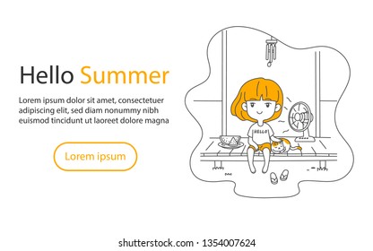 cute asian girl and cat relaxing at home terrace summer with watermelon and fan vector illustration