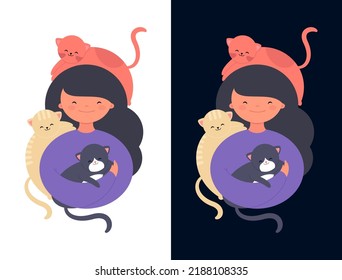 Cute Asian Girl With Cats Adorable Character. Vector People Cartoon Illustration. Happy Smiling Woman Hug Cat Isolated On Set Of Black And White Background.