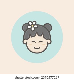 Cute asian girl face avatar with a flower in the dark straight hair, two hair bows, freckles, happy mood and circular blue background filled iconic vector line art