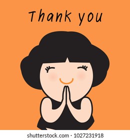 Cute Asian Girl With Gesture Of Thank You Hand Concept Card Character illustration