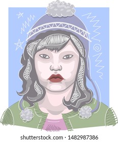 Cute Asian girl in a hat. Cartoon character. Vector stock illustration