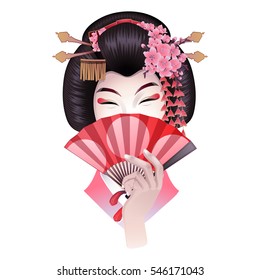 Cute asian girl hiding her face under the red fan. Vector portrait of young woman with traditional japanese hairstyle