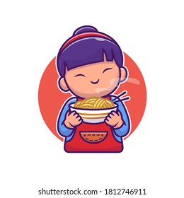 Cute Asian Girl Holding Noodle Cartoon Vector Icon Illustration. People Food Icon Concept Isolated Premium Vector. Flat Cartoon Style