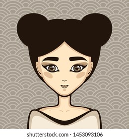 Cute asian girl on traditional japan ornament vector illustration. Beautiful woman portrait. Natural beauty.