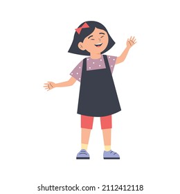 Cute Asian Girl In Overalls Waving Hello, Cartoon Childcare Vector Character. Chinese Kid With Red Bow Ribbon In Her Hair Wave Goodbye. Kindergarten Child Vector Illustration.