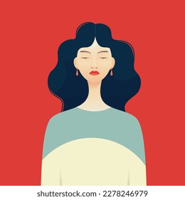 Cute asian girl portrait with closed eyes. Flat vector illustration