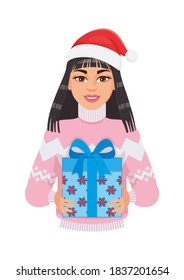 Cute asian girl in santa hat and winter sweater ornamented holds a gift. Vector illustration, character design, portrait, sticker