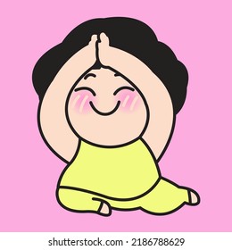 Cute Asian Girl is Saying Thank You, Smiling And Looking Happy, Showing Namaste Gesture In Gratitude, Sitting In Yellow Against Pink Background Concept Card Character illustration