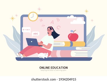 Cute Asian girl sitting by book pile and having online class with laptop. Tutorial, homeschooling and e learning concept flat illustration.