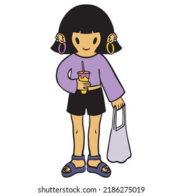 Cute Asian Girl In Stylish Clothes With A Drink. Isolated Vector Drawing In Cartoon Style.