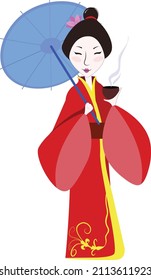 Cute Asian girl with umbrella and cup of tea. Vector portrait of geisha in the traditional dress and with lotus flower in her hairs 