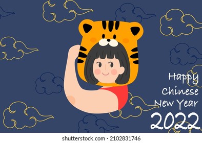 Cute Asian girl wears tiger hat for Chinese New Year celebration 2022, cute tiger hat for new year greeting card flat design, Chinese woman wears red shirt, flat design of ‘year of the tiger’ vector.