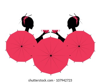 Cute Asian Girls Character with cups of tea
