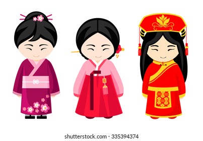 Cute asian girls in national dress. Japanese, chinese and korean women.