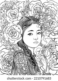 Cute Asian little girl bw vector surrounded by flowers. With a pigeon in her arms. Vector black and white illustration for coloring and illustration books.