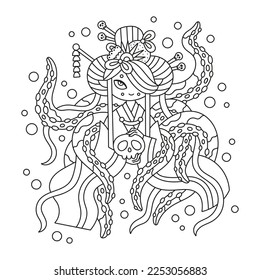 Cute asian mermaid. Beautiful octopus girl with japanese hairstyle. Mythology creature. Sea fish woman. Funny coloring page for kids. Cartoon vector illustration. Isolated on white. Outlined drawing